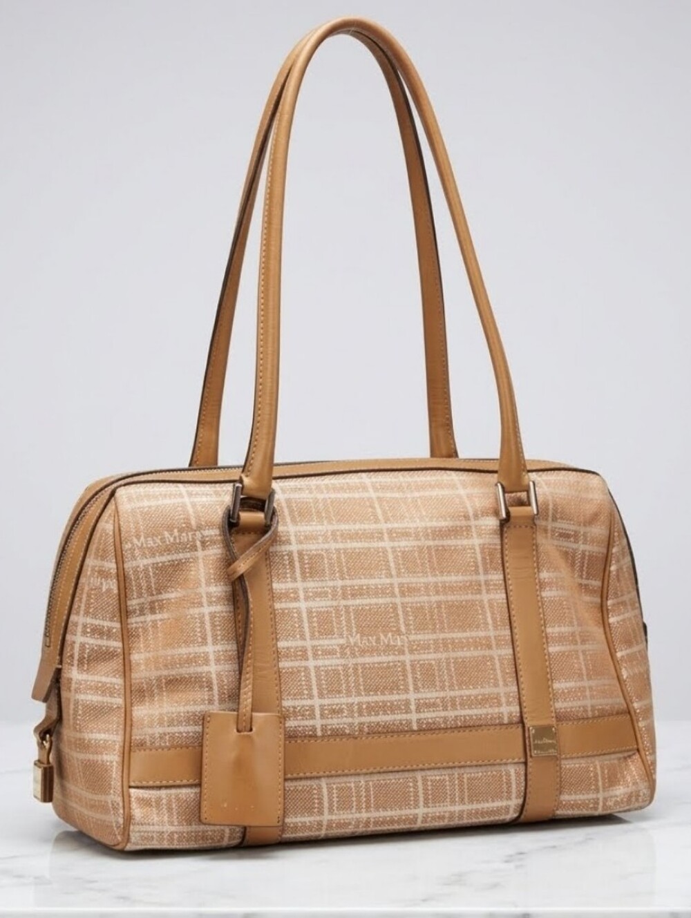 MaxMara vintage  Tan Leather and Canvas plaid  Medium shoulder bag